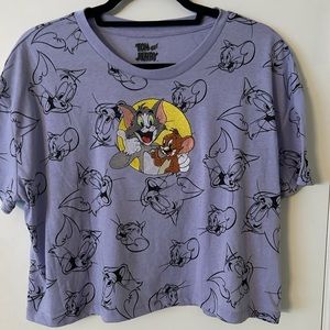 Tom and Jerry purple, embroidered crop top shirt. Sz L